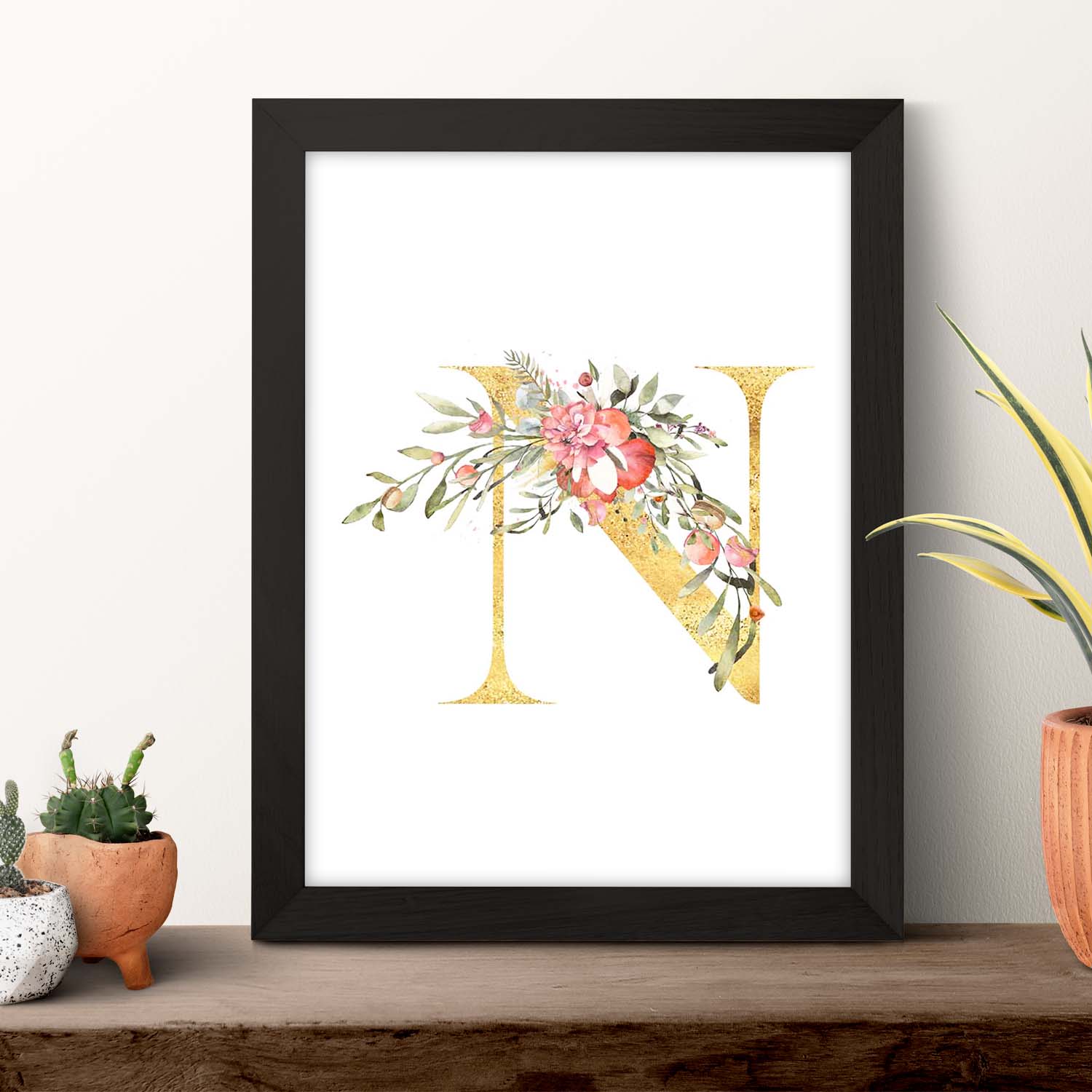 Poster de letra N. Lámina estilo Dorado Rosa con imágenes del alfabeto.-Artwork-Nacnic-Nacnic Estudio SL