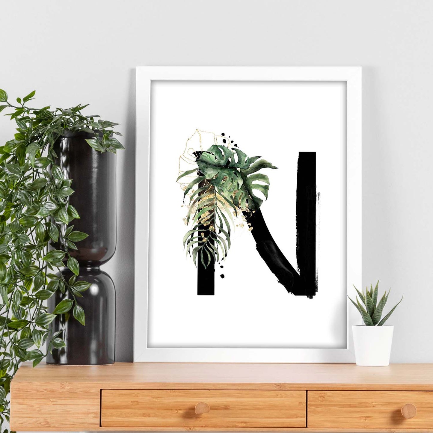 Poster de letra N. Lámina estilo Jungla Negra con imágenes del alfabeto.-Artwork-Nacnic-Nacnic Estudio SL