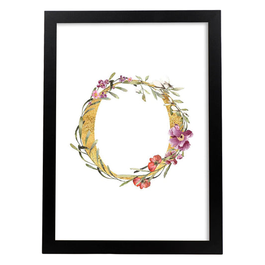 Poster de letra O. Lámina estilo Dorado Rosa con imágenes del alfabeto.-Artwork-Nacnic-A4-Marco Negro-Nacnic Estudio SL