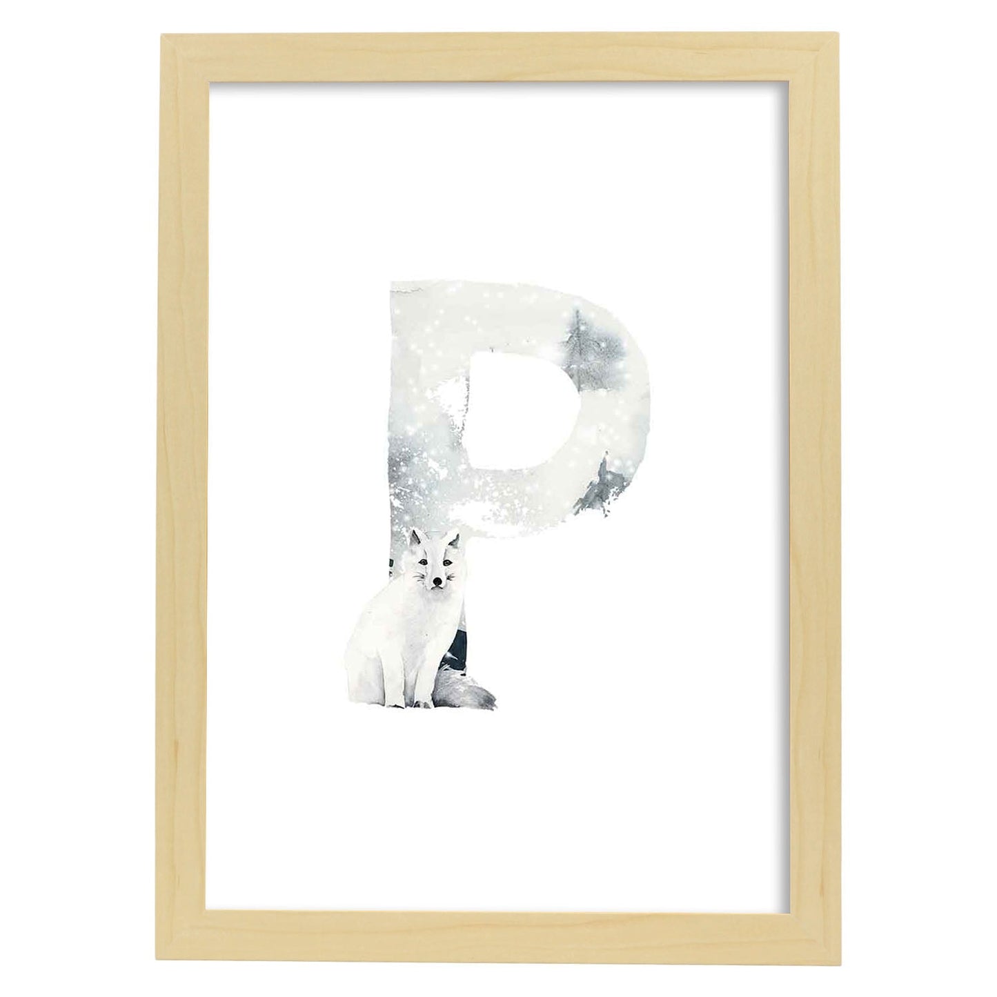 Poster de letra P. Lámina estilo Invierno con imágenes del alfabeto.-Artwork-Nacnic-A4-Marco Madera clara-Nacnic Estudio SL