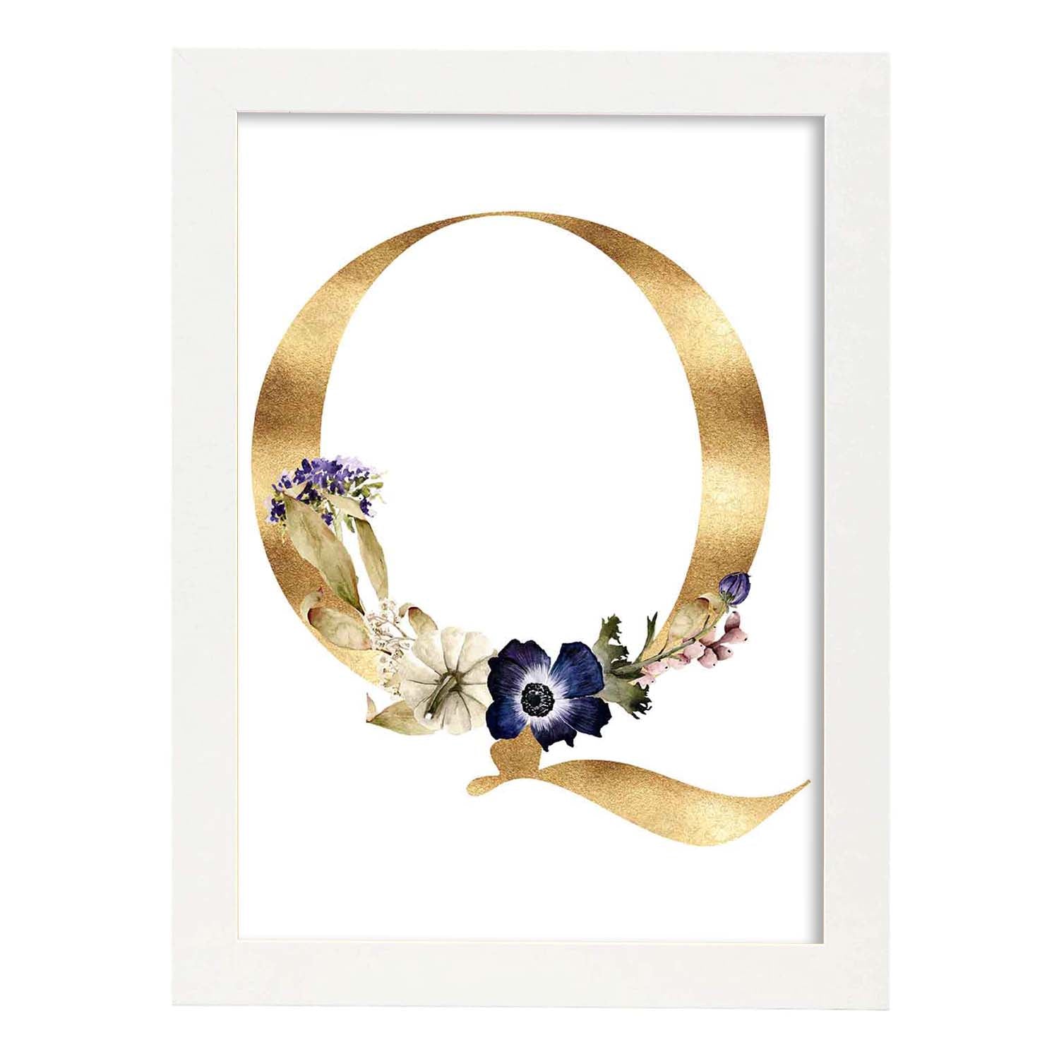 Poster de letra Q. Lámina estilo Dorado Floral con imágenes del alfabeto.-Artwork-Nacnic-A4-Marco Blanco-Nacnic Estudio SL