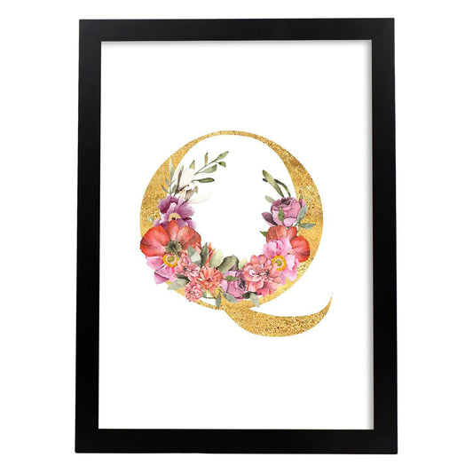 Poster de letra Q. Lámina estilo Dorado Rosa con imágenes del alfabeto.-Artwork-Nacnic-A4-Marco Negro-Nacnic Estudio SL