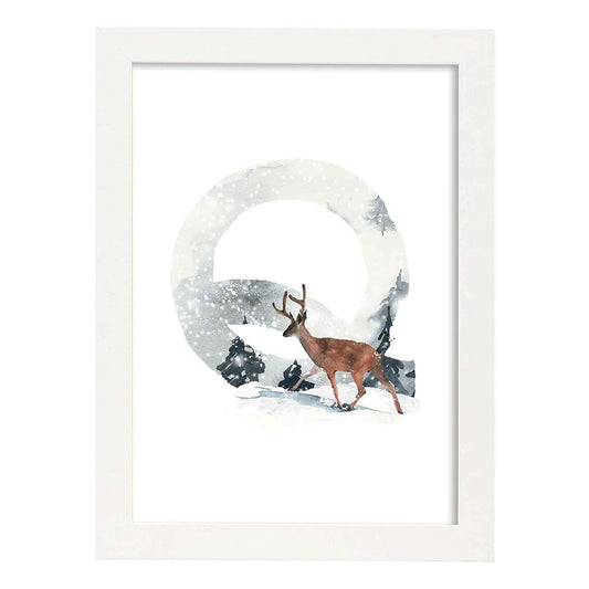 Poster de letra Q. Lámina estilo Invierno con imágenes del alfabeto.-Artwork-Nacnic-A4-Marco Blanco-Nacnic Estudio SL