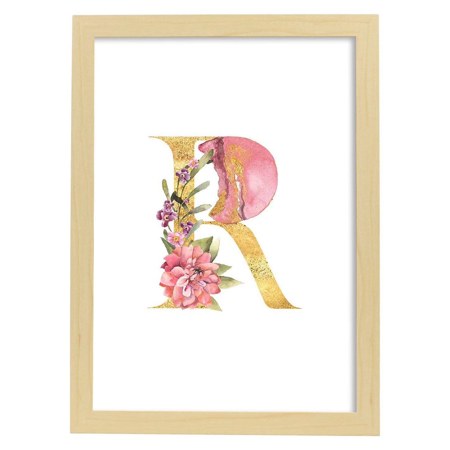 Poster de letra R. Lámina estilo Dorado Rosa con imágenes del alfabeto.-Artwork-Nacnic-A4-Marco Madera clara-Nacnic Estudio SL
