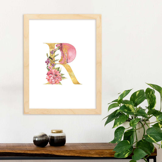 Poster de letra R. Lámina estilo Dorado Rosa con imágenes del alfabeto.-Artwork-Nacnic-Nacnic Estudio SL