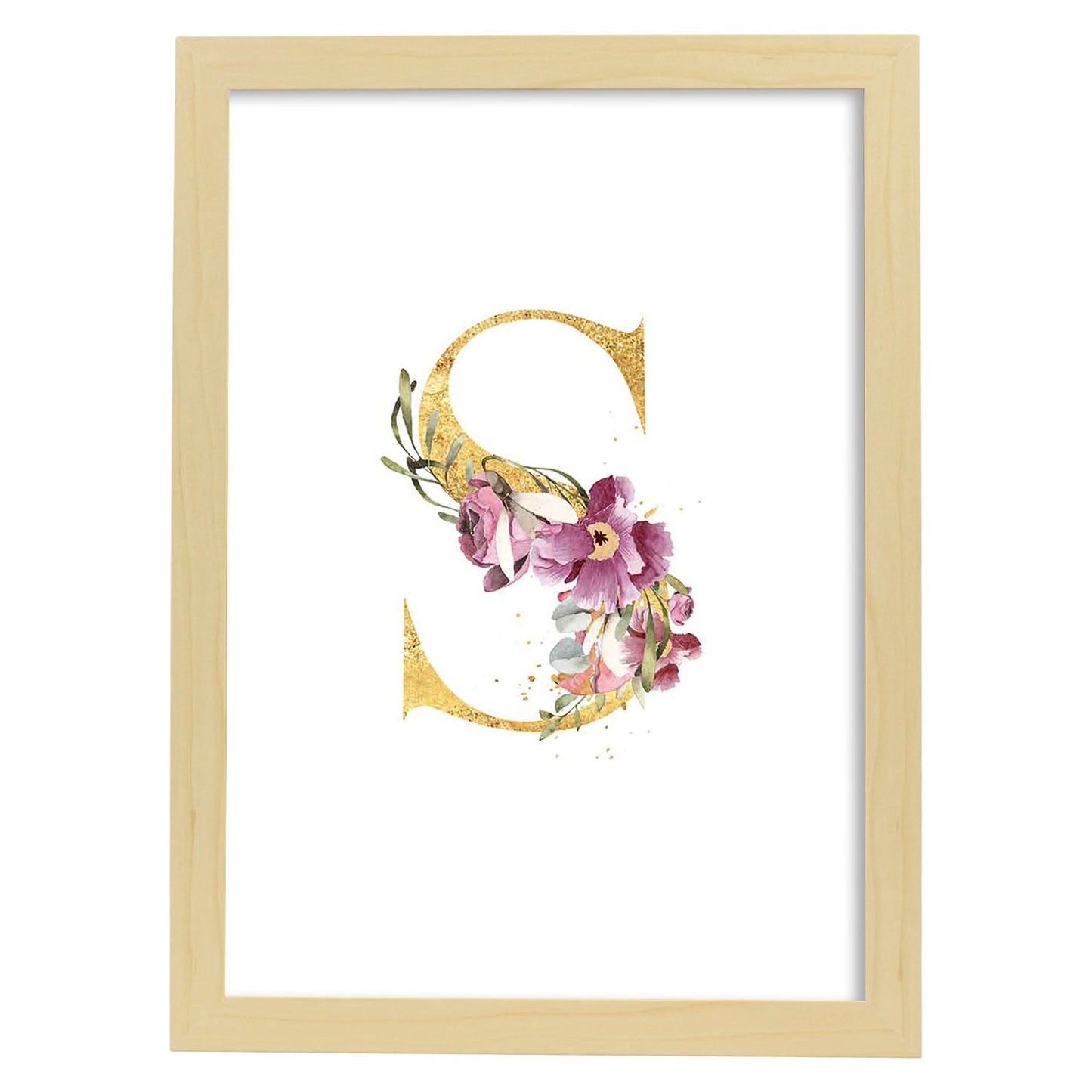 Poster de letra S. Lámina estilo Dorado Rosa con imágenes del alfabeto.-Artwork-Nacnic-A4-Marco Madera clara-Nacnic Estudio SL