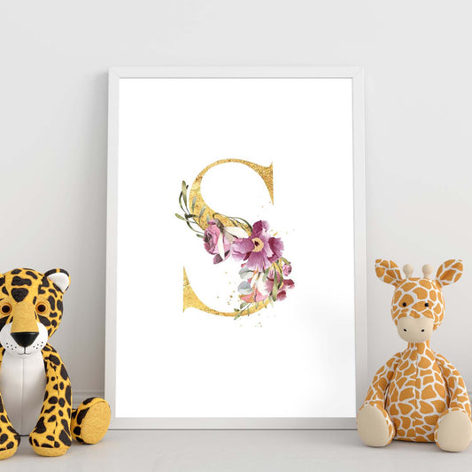 Poster de letra S. Lámina estilo Dorado Rosa con imágenes del alfabeto.-Artwork-Nacnic-Nacnic Estudio SL