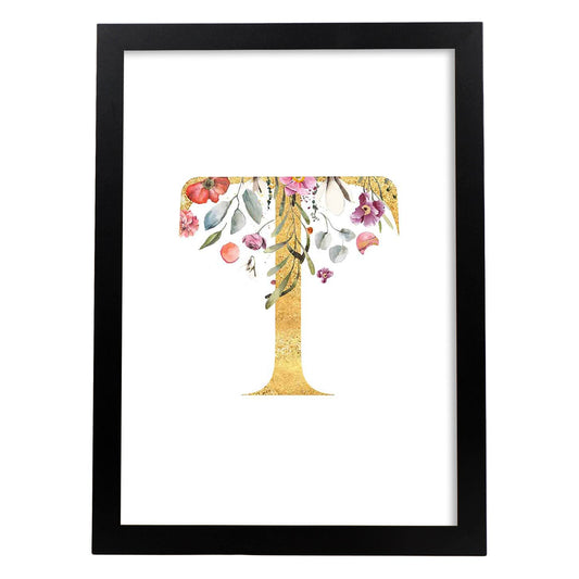 Poster de letra T. Lámina estilo Dorado Rosa con imágenes del alfabeto.-Artwork-Nacnic-A4-Marco Negro-Nacnic Estudio SL