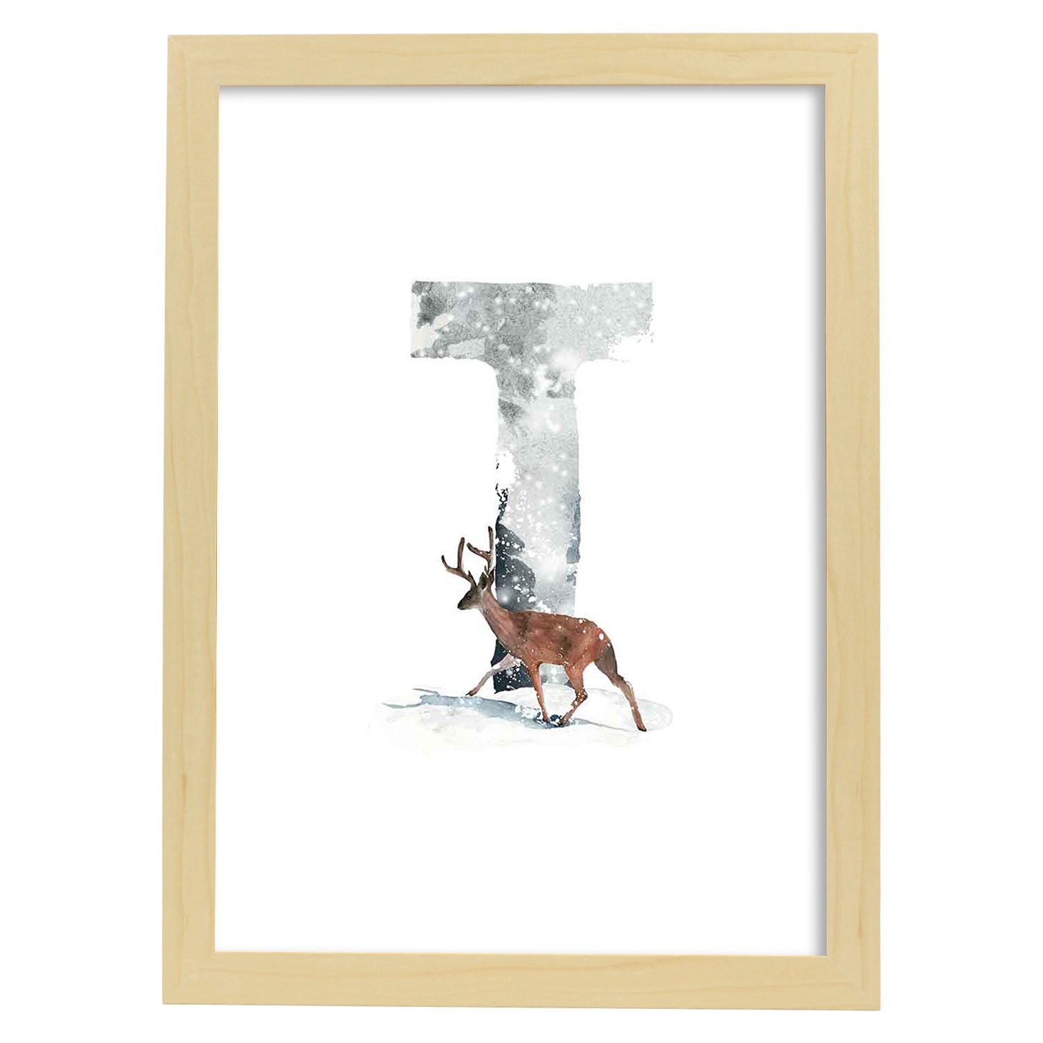 Poster de letra T. Lámina estilo Invierno con imágenes del alfabeto.-Artwork-Nacnic-A4-Marco Madera clara-Nacnic Estudio SL