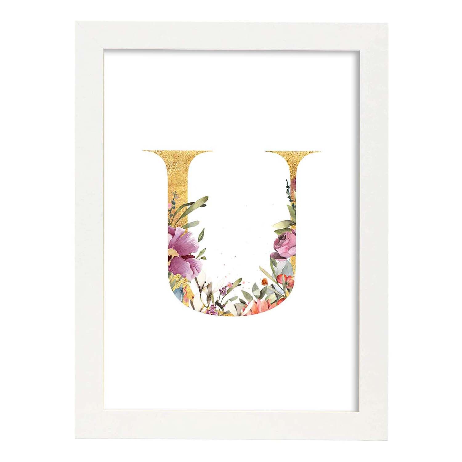 Poster de letra U. Lámina estilo Dorado Rosa con imágenes del alfabeto.-Artwork-Nacnic-A4-Marco Blanco-Nacnic Estudio SL