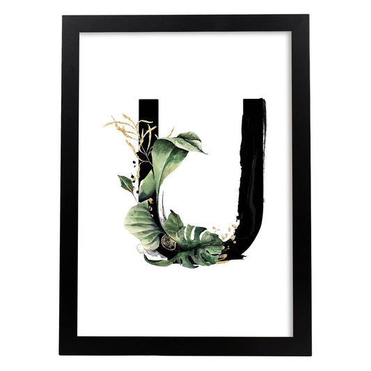 Poster de letra U. Lámina estilo Jungla Negra con imágenes del alfabeto.-Artwork-Nacnic-A4-Marco Negro-Nacnic Estudio SL