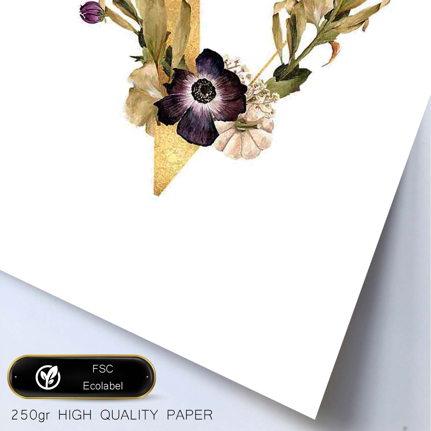 Poster de letra V. Lámina estilo Dorado Floral con imágenes del alfabeto.-Artwork-Nacnic-Nacnic Estudio SL