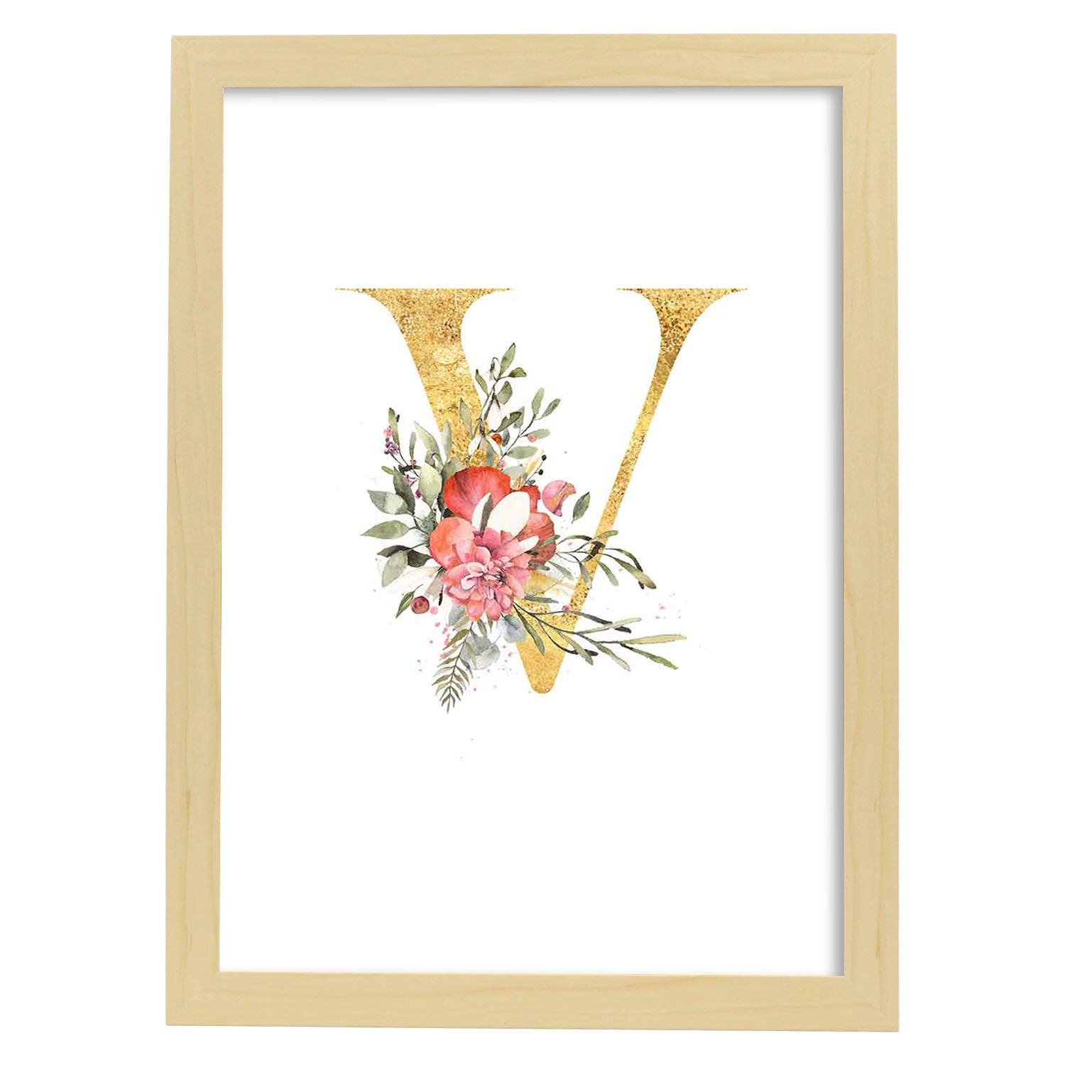 Poster de letra V. Lámina estilo Dorado Rosa con imágenes del alfabeto.-Artwork-Nacnic-A4-Marco Madera clara-Nacnic Estudio SL