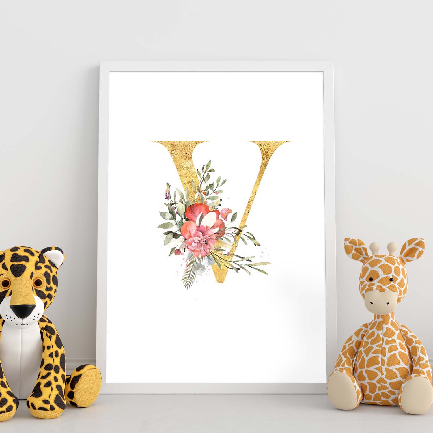 Poster de letra V. Lámina estilo Dorado Rosa con imágenes del alfabeto.-Artwork-Nacnic-Nacnic Estudio SL