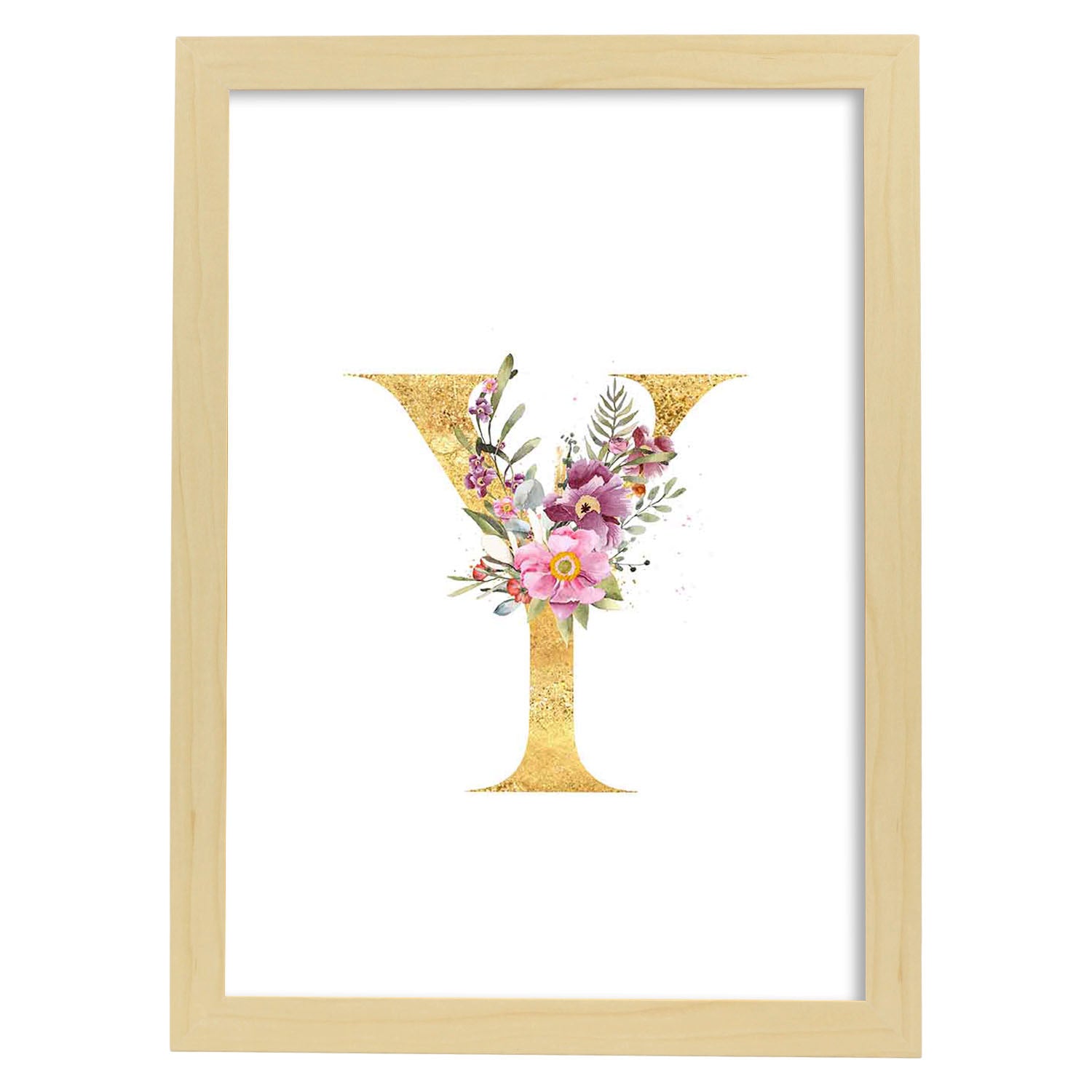 Poster de letra Y. Lámina estilo Dorado Rosa con imágenes del alfabeto.-Artwork-Nacnic-A4-Marco Madera clara-Nacnic Estudio SL
