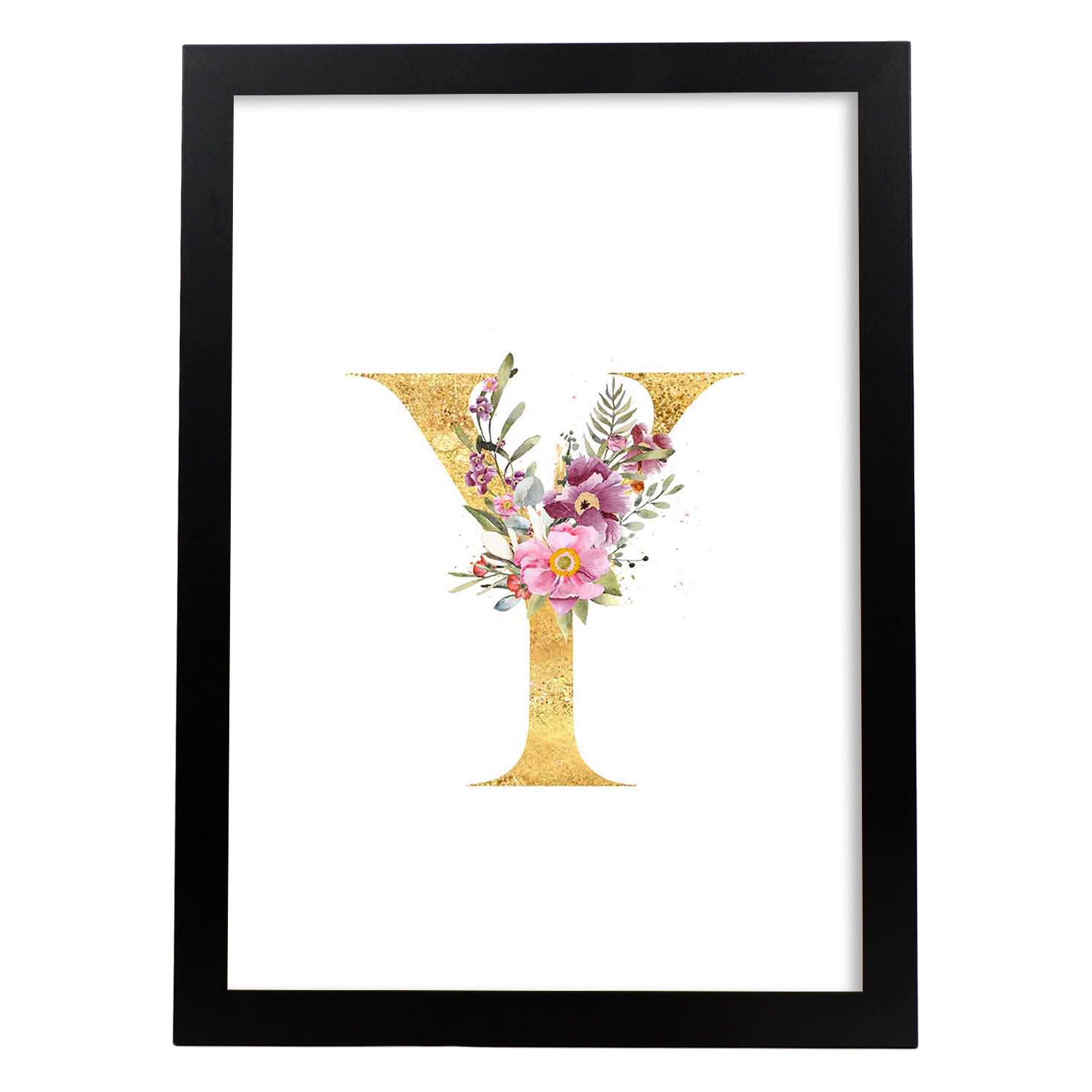 Poster de letra Y. Lámina estilo Dorado Rosa con imágenes del alfabeto.-Artwork-Nacnic-A4-Marco Negro-Nacnic Estudio SL