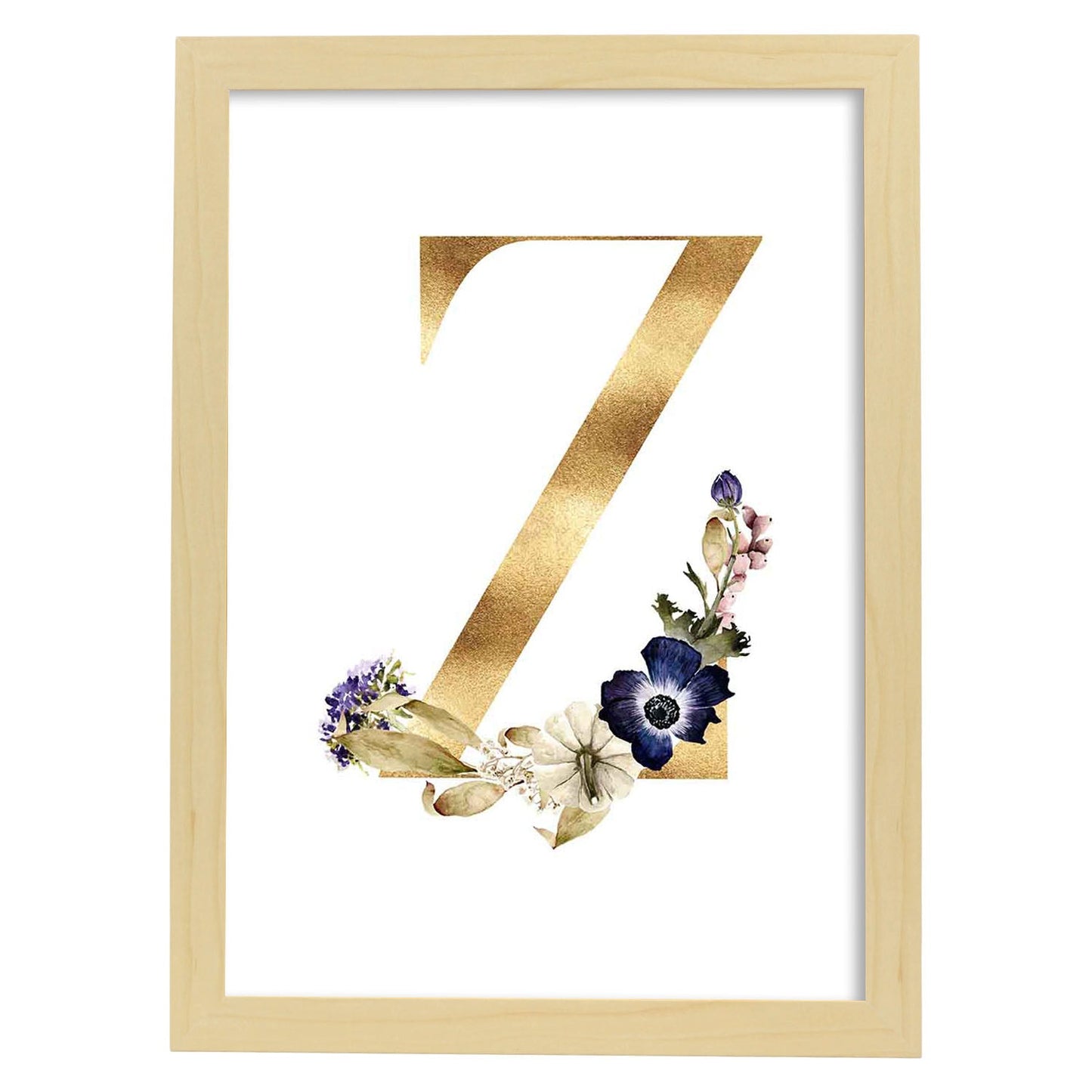 Poster de letra Z. Lámina estilo Dorado Floral con imágenes del alfabeto.-Artwork-Nacnic-A4-Marco Madera clara-Nacnic Estudio SL