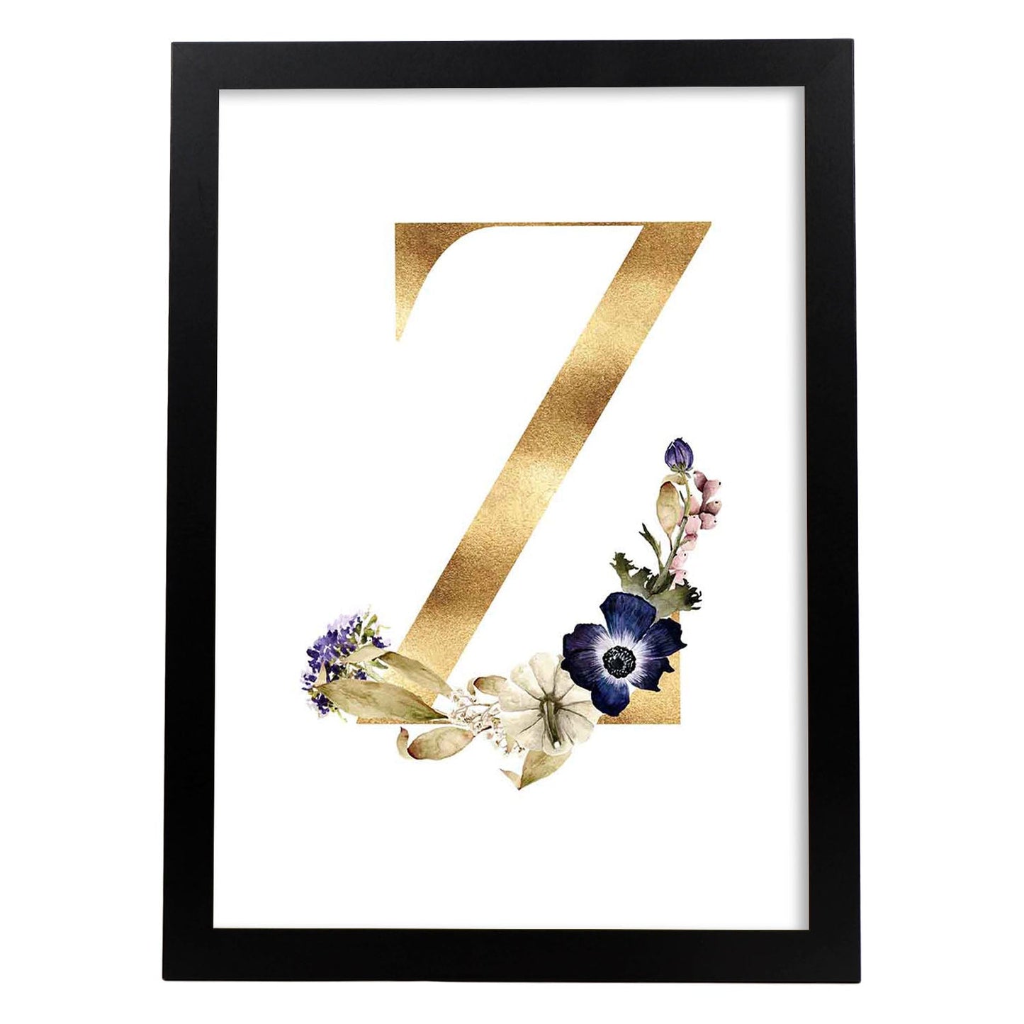Poster de letra Z. Lámina estilo Dorado Floral con imágenes del alfabeto.-Artwork-Nacnic-A4-Marco Negro-Nacnic Estudio SL