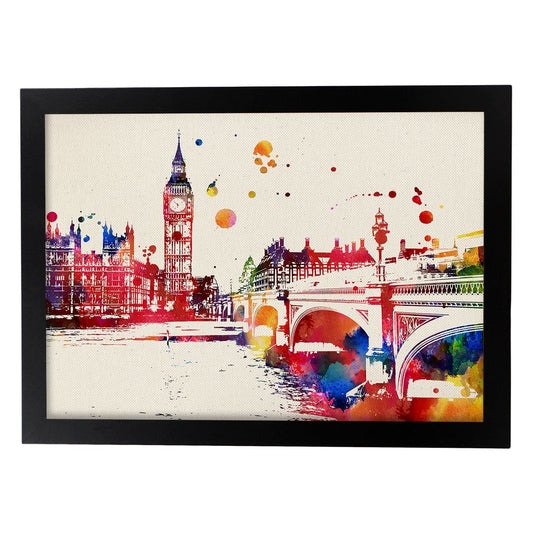 Poster de Londres con diseño acuarela. Mix de láminas con estilo acuarela-Artwork-Nacnic-A4-Marco Negro-Nacnic Estudio SL