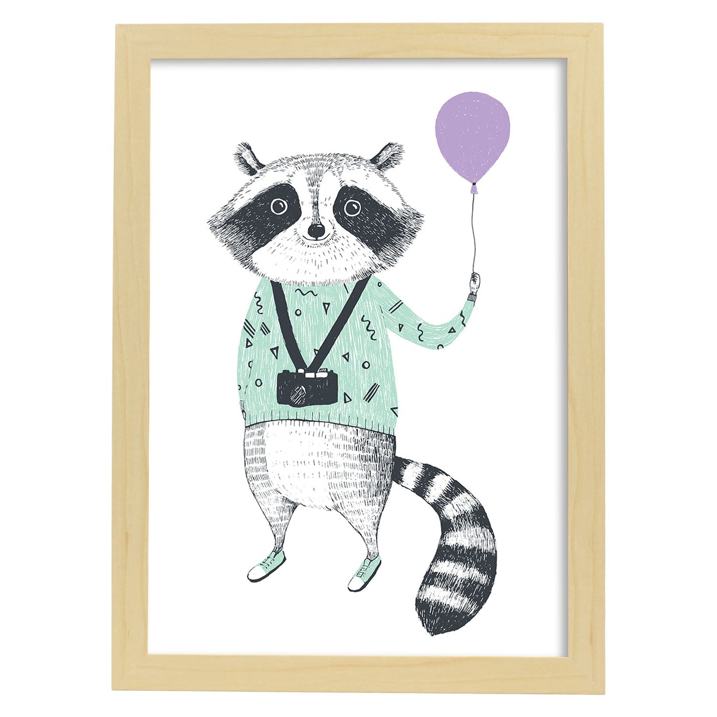 Poster de Mapache con globo. Lámina de animales coloridos.-Artwork-Nacnic-A3-Marco Madera clara-Nacnic Estudio SL