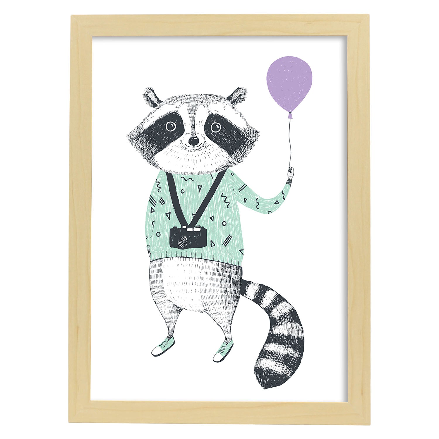 Poster de Mapache con globo. Lámina de animales coloridos.-Artwork-Nacnic-A3-Marco Madera clara-Nacnic Estudio SL