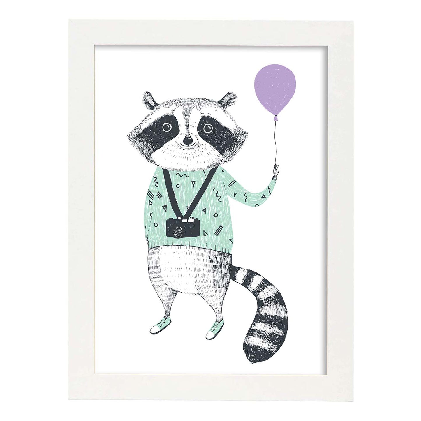 Poster de Mapache con globo. Lámina de animales coloridos.-Artwork-Nacnic-A4-Marco Blanco-Nacnic Estudio SL