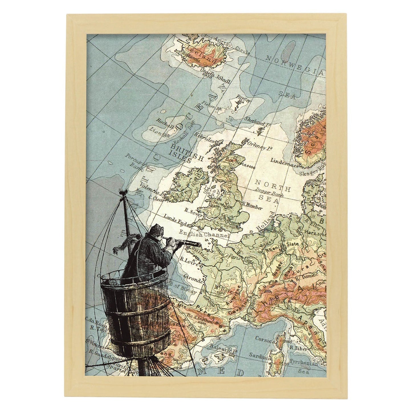 Poster de Marinero con catalejo. Láminas de mapas del mundo. Decoración con mapas e imágenes vintage.-Artwork-Nacnic-A3-Marco Madera clara-Nacnic Estudio SL