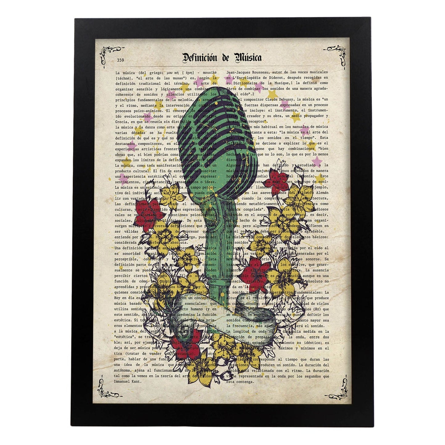 Poster de Microfono con flores. Láminas musicales con definiciones para-Artwork-Nacnic-A3-Marco Negro-Nacnic Estudio SL