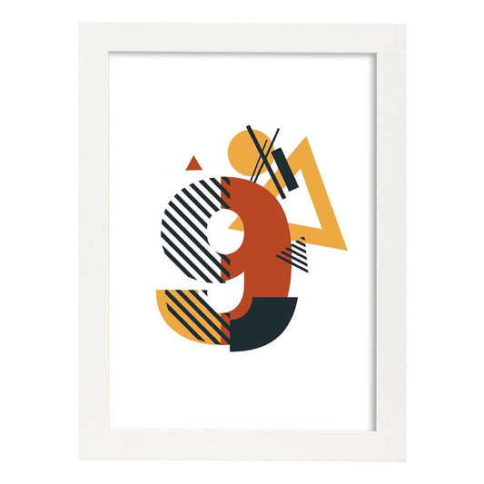 Poster de número 9. Lámina estilo Geometria con formas con imágenes del alfabeto.-Artwork-Nacnic-A4-Marco Blanco-Nacnic Estudio SL