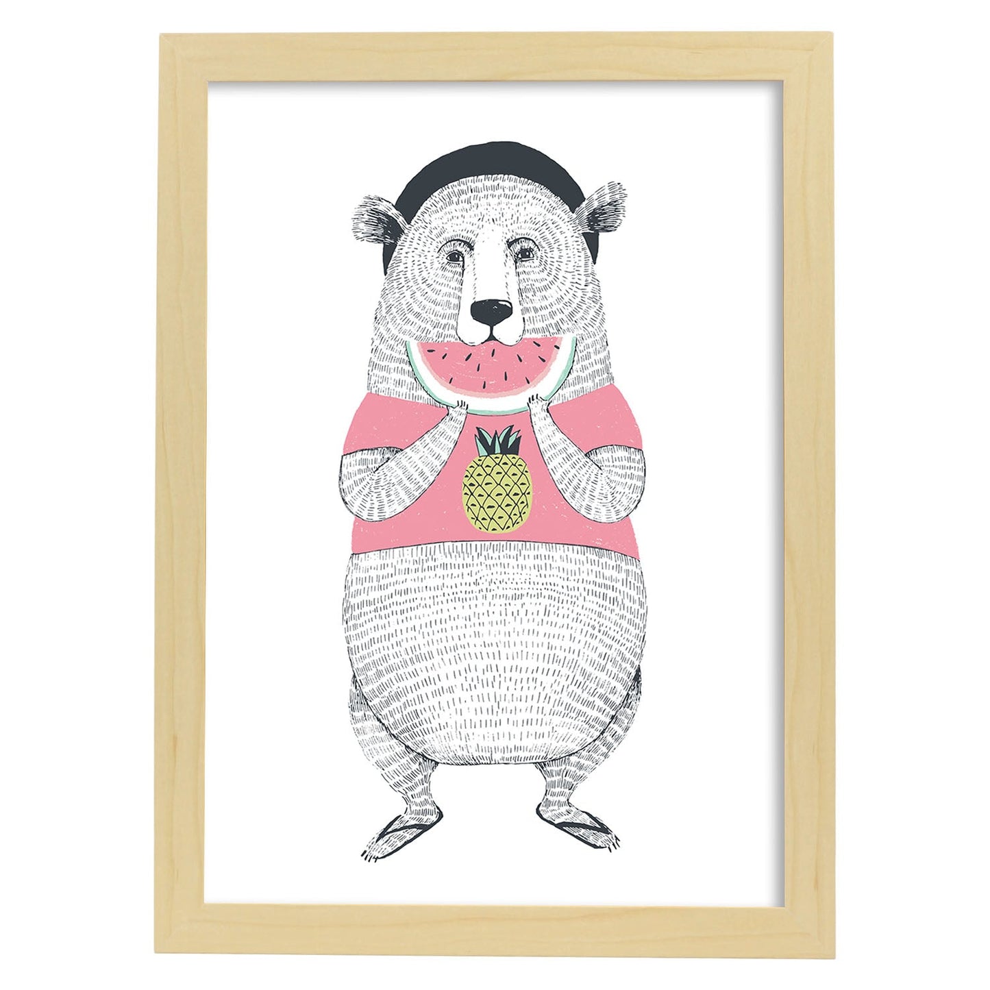 Poster de Oso comiendo sandia. Lámina de animales coloridos.-Artwork-Nacnic-A4-Marco Madera clara-Nacnic Estudio SL