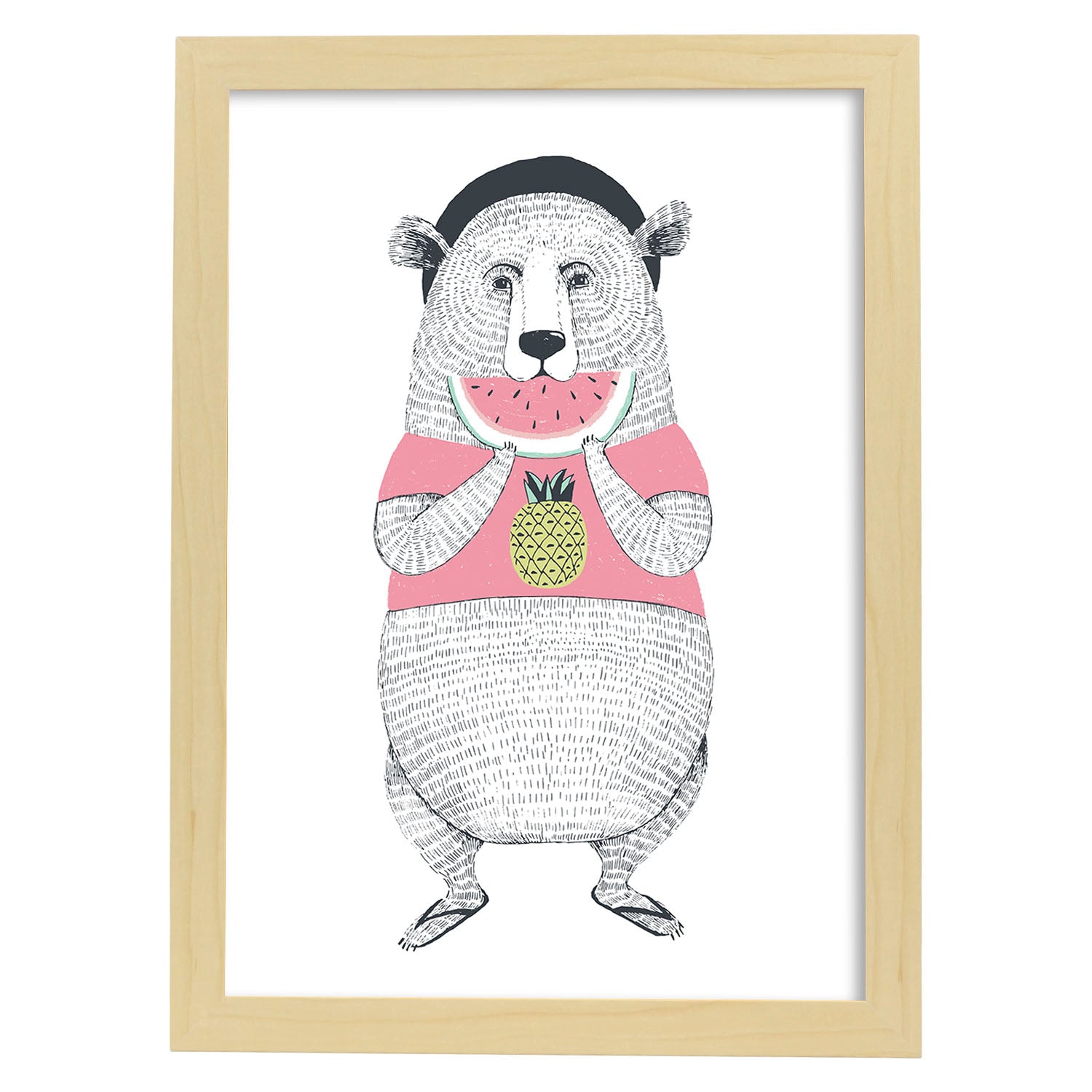 Poster de Oso comiendo sandia. Lámina de animales coloridos.-Artwork-Nacnic-A4-Marco Madera clara-Nacnic Estudio SL
