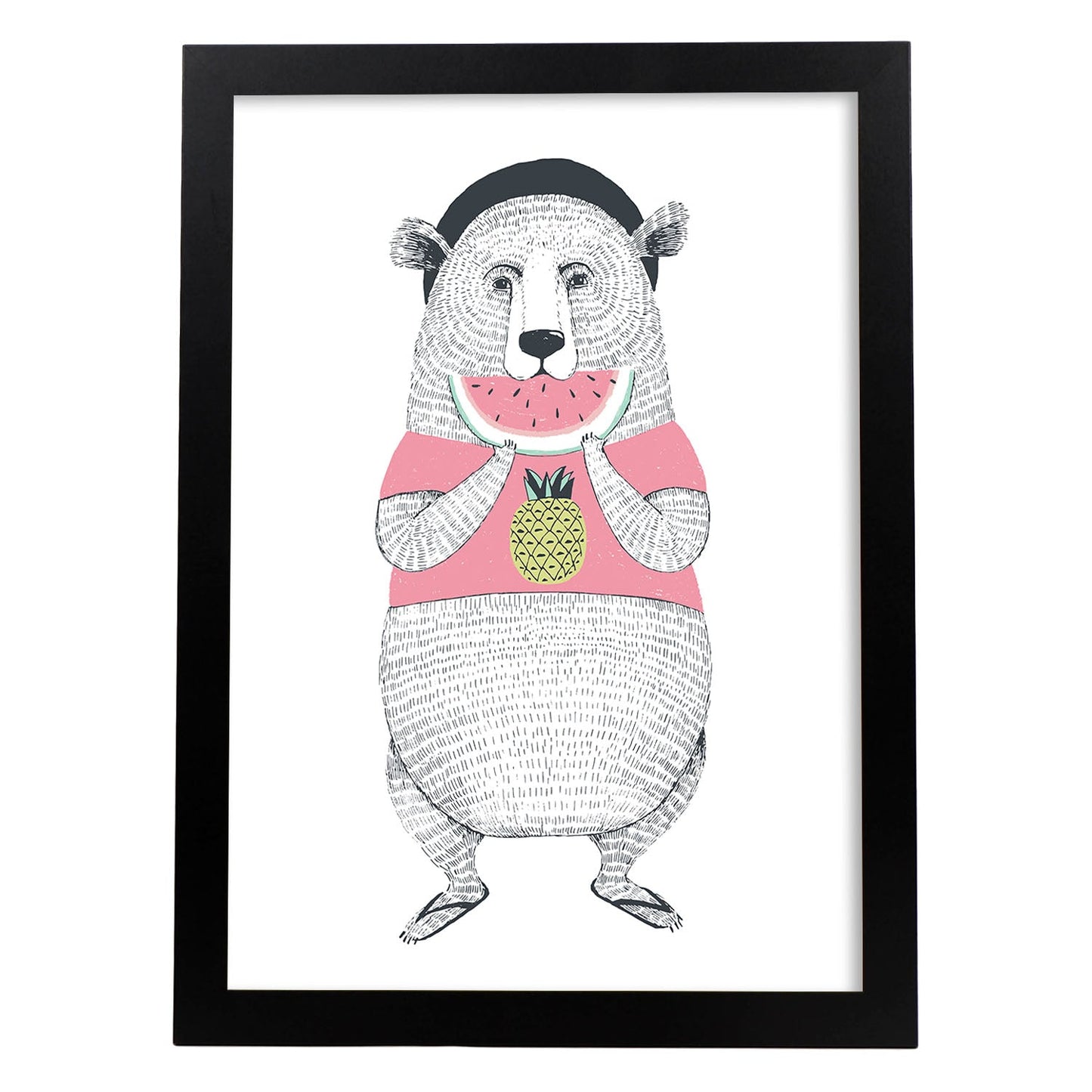 Poster de Oso comiendo sandia. Lámina de animales coloridos.-Artwork-Nacnic-A4-Marco Negro-Nacnic Estudio SL