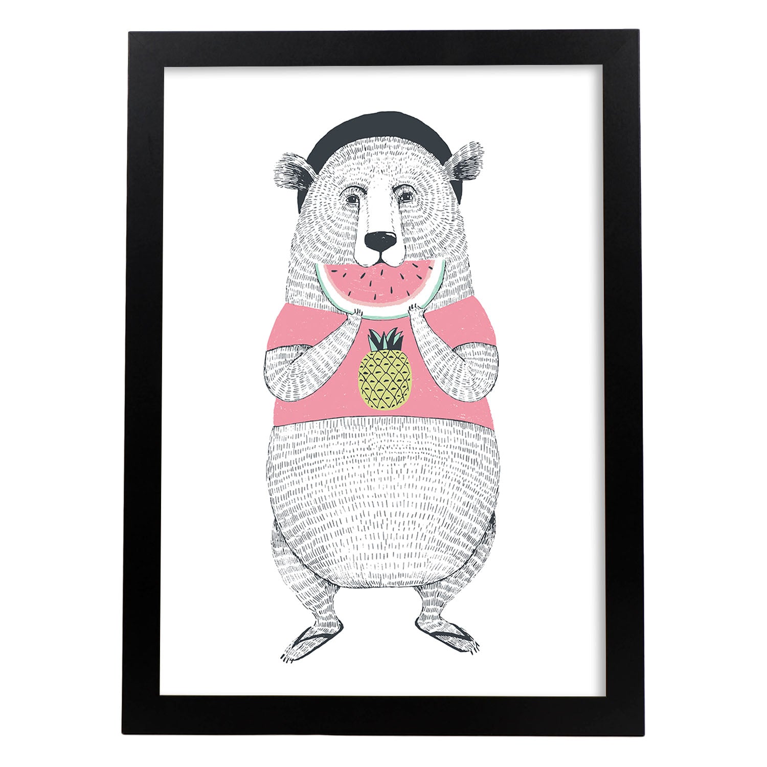 Poster de Oso comiendo sandia. Lámina de animales coloridos.-Artwork-Nacnic-A4-Marco Negro-Nacnic Estudio SL