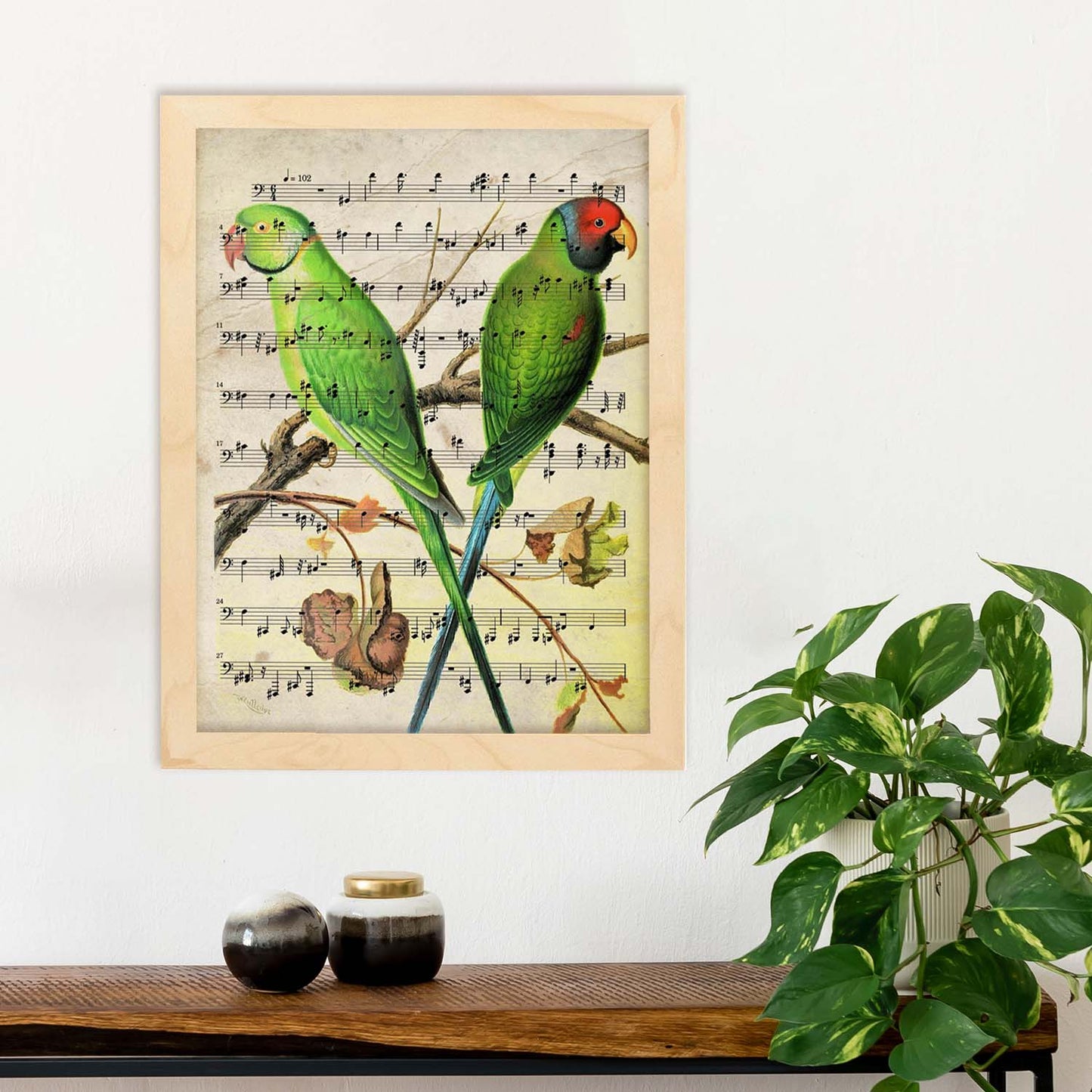 Poster de pajaros. Lámina de Agaporni con partituras. Cuadros de pajaritos con partituras musicales.-Artwork-Nacnic-Nacnic Estudio SL