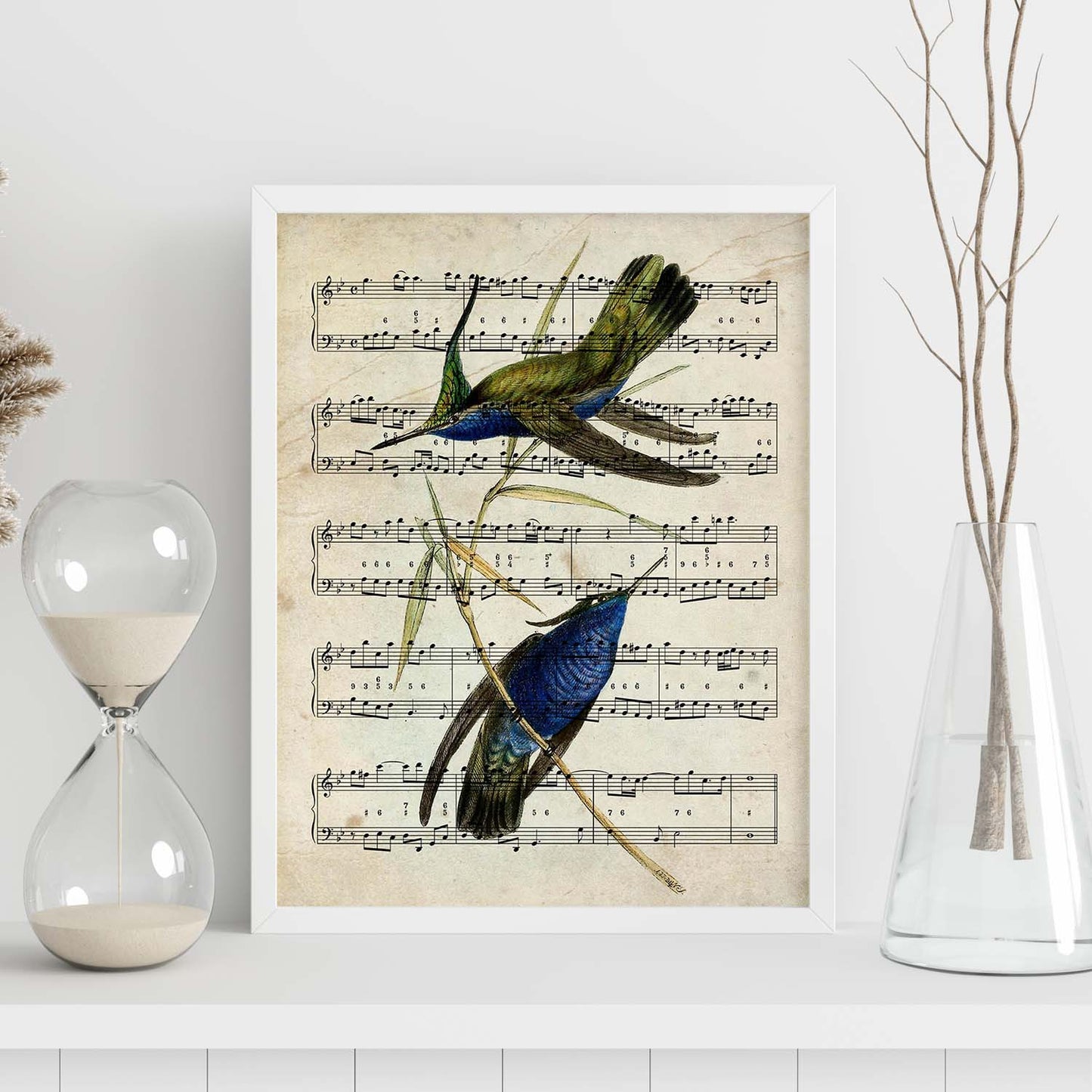 Poster de pajaros. Lámina de Colibri azul con partituras. Cuadros de pajaritos con partituras musicales.-Artwork-Nacnic-Nacnic Estudio SL