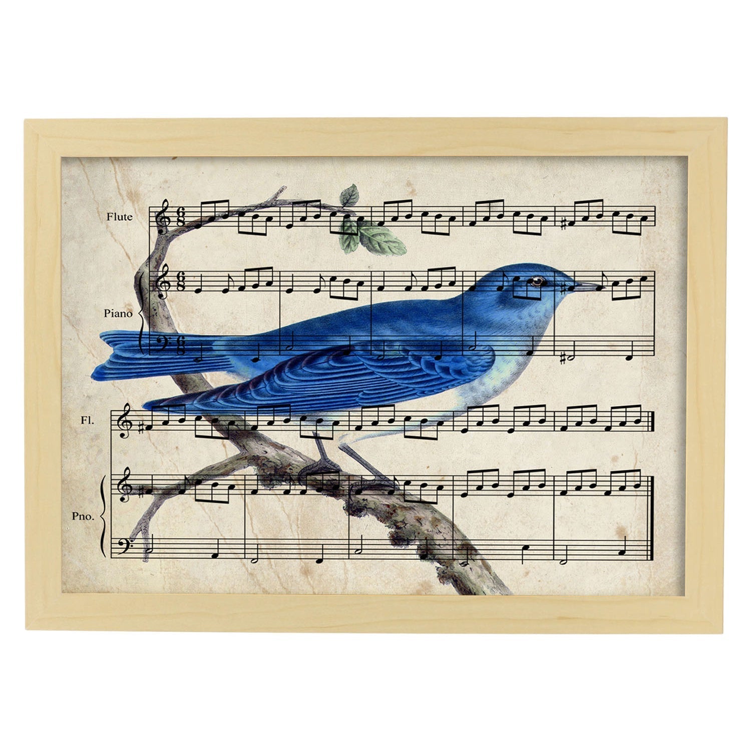 Poster de pajaros. Lámina de Pajaro azul con partituras. Cuadros de pajaritos con partituras musicales.-Artwork-Nacnic-A4-Marco Madera clara-Nacnic Estudio SL
