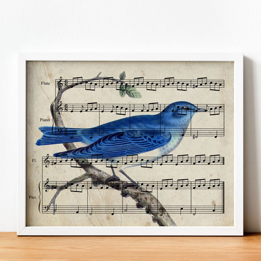 Poster de pajaros. Lámina de Pajaro azul con partituras. Cuadros de pajaritos con partituras musicales.-Artwork-Nacnic-Nacnic Estudio SL