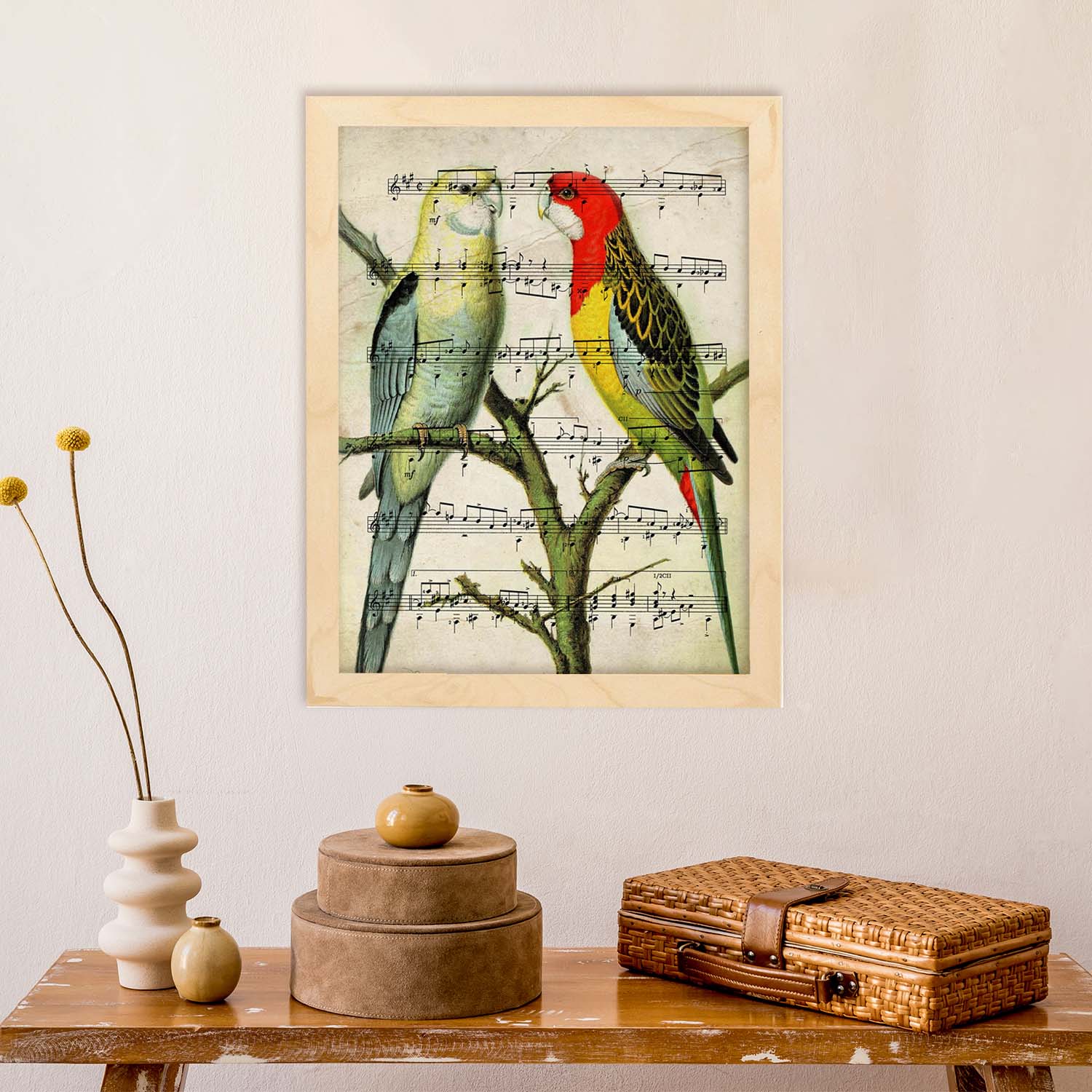 Poster de pajaros. Lámina de Periquitos con partituras. Cuadros de pajaritos con partituras musicales.-Artwork-Nacnic-Nacnic Estudio SL