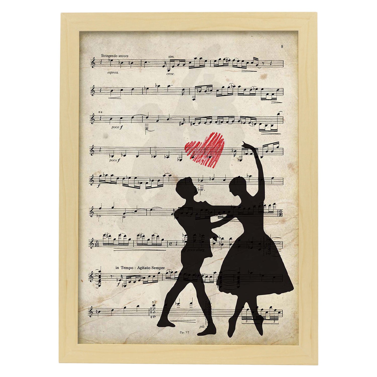 Poster de Pareja de ballet sobre partitura. Láminas de imágenes con partituras. Diseño de música para el hogar.-Artwork-Nacnic-A3-Marco Madera clara-Nacnic Estudio SL