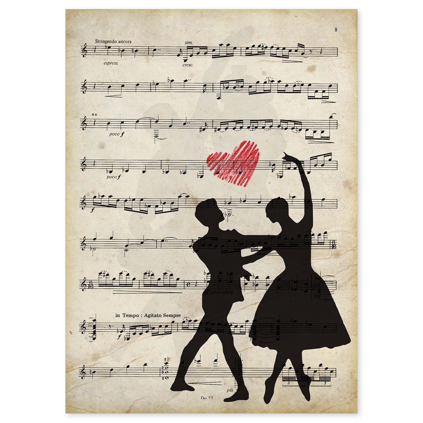 Poster de Pareja de ballet sobre partitura. Láminas de imágenes con partituras. Diseño de música para el hogar.-Artwork-Nacnic-A4-Sin marco-Nacnic Estudio SL