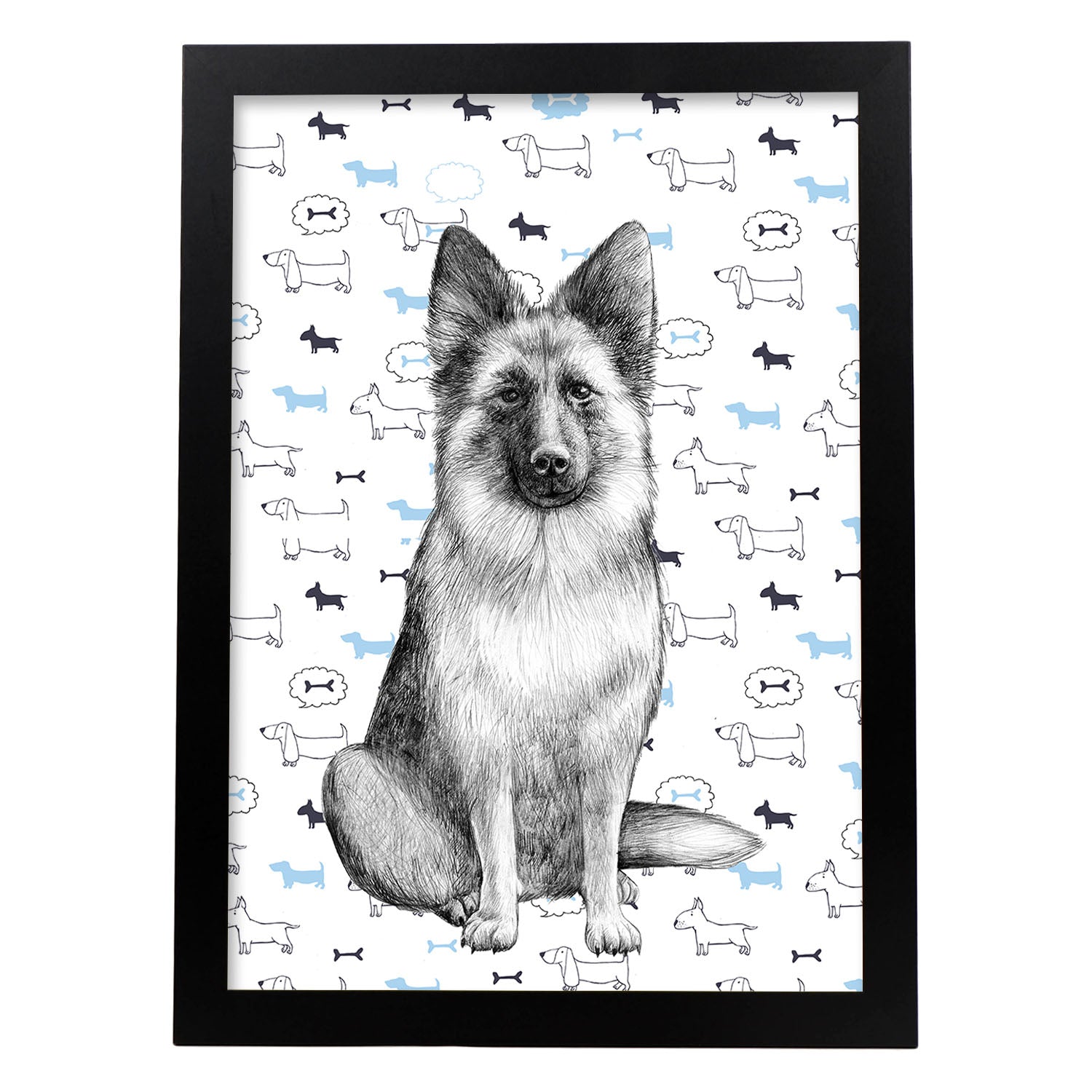 Poster de Pastor aleman estampado. Lámina decorativa de perros.-Artwork-Nacnic-A3-Marco Negro-Nacnic Estudio SL