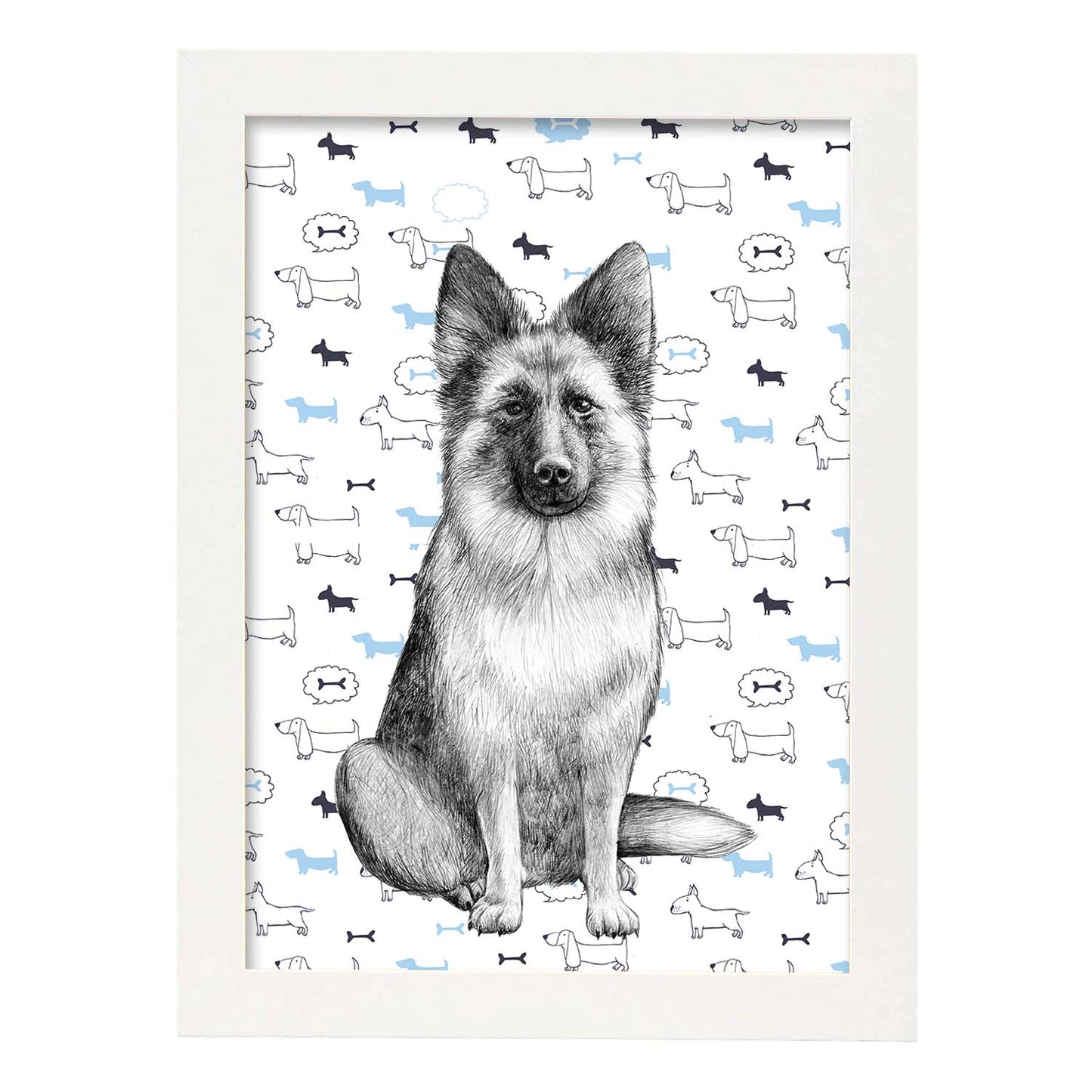 Poster de Pastor aleman estampado. Lámina decorativa de perros.-Artwork-Nacnic-A4-Marco Blanco-Nacnic Estudio SL