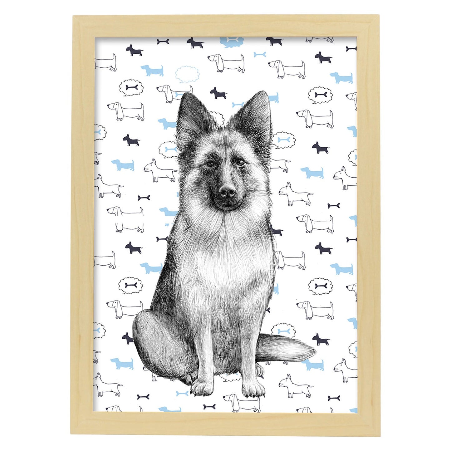 Poster de Pastor aleman estampado. Lámina decorativa de perros.-Artwork-Nacnic-A4-Marco Madera clara-Nacnic Estudio SL