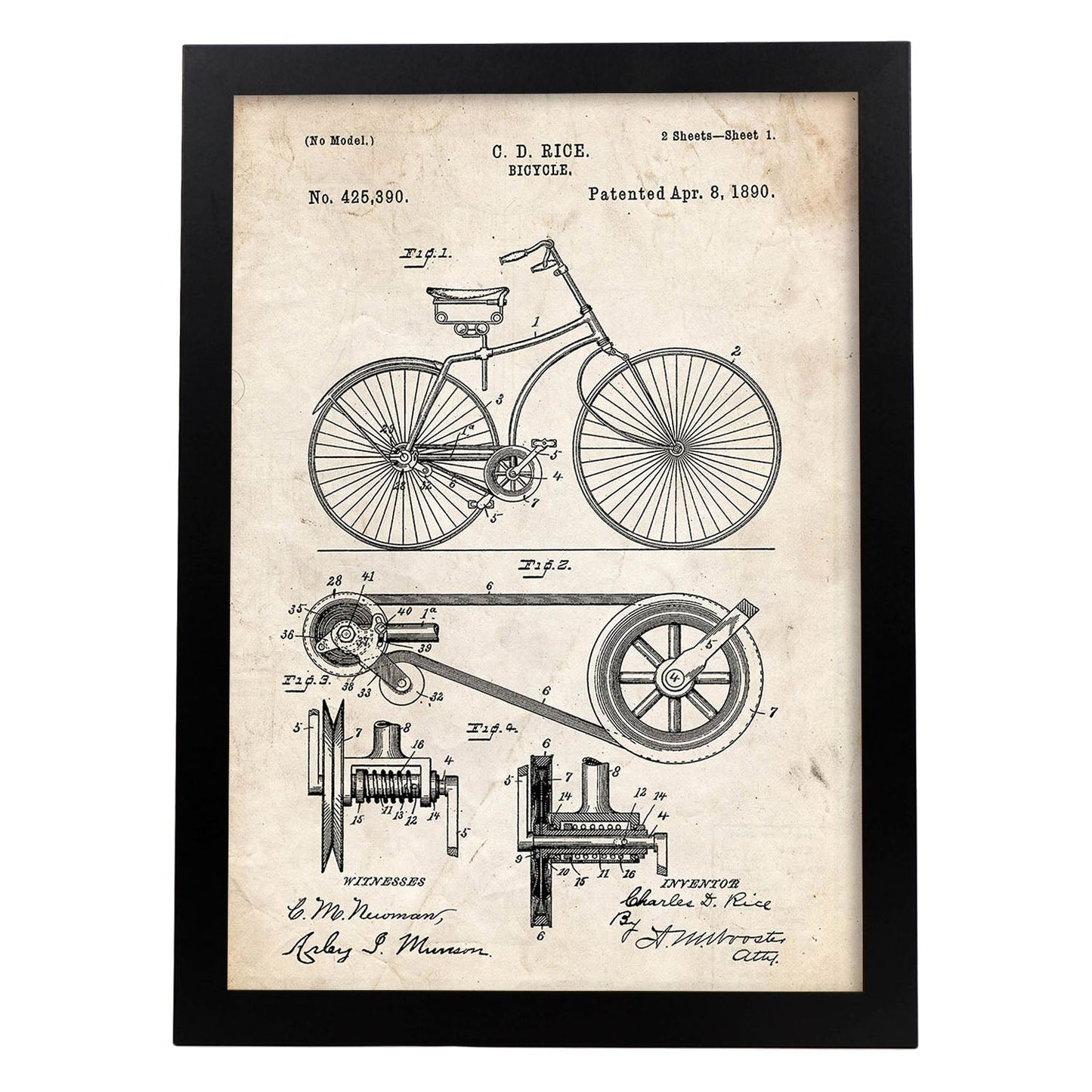 Poster de patente de bicicleta. Lámina para enmarcar. Patentes, planos de inventos famosos. Decoracion de hogar.-Artwork-Nacnic-A3-Marco Negro-Nacnic Estudio SL