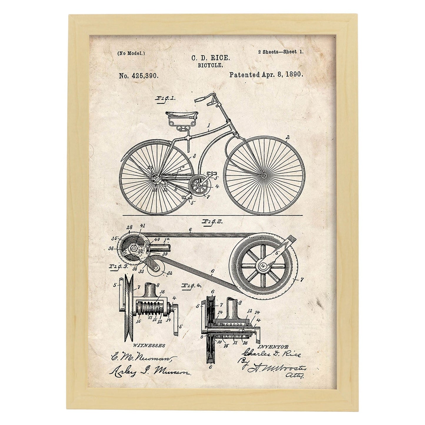 Poster de patente de bicicleta. Lámina para enmarcar. Patentes, planos de inventos famosos. Decoracion de hogar.-Artwork-Nacnic-A4-Marco Madera clara-Nacnic Estudio SL