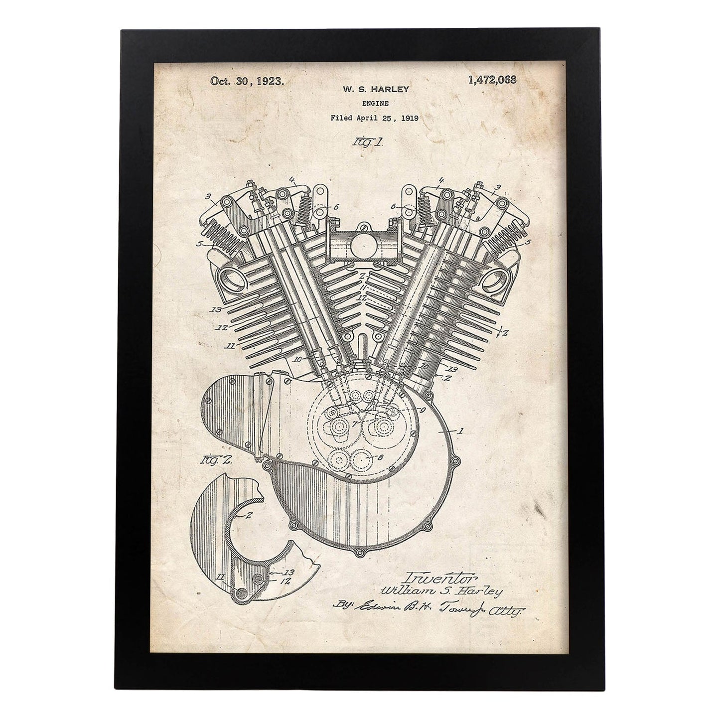 Poster de Patente de motor moto Harley. Lámina para enmarcar. Poster con diseños, Patentes, Planos de inventos Famosos.-Artwork-Nacnic-A3-Marco Negro-Nacnic Estudio SL