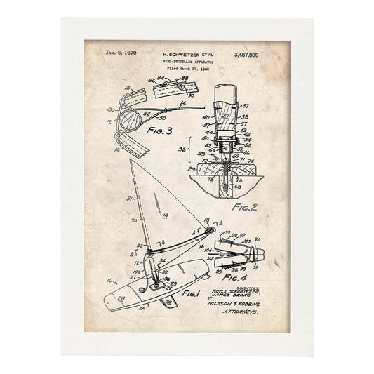 Poster de patente de tabla de wind surf. Lámina para enmarcar. Poster con diseños, patentes, planos de inventos famosos.-Artwork-Nacnic-A4-Marco Blanco-Nacnic Estudio SL