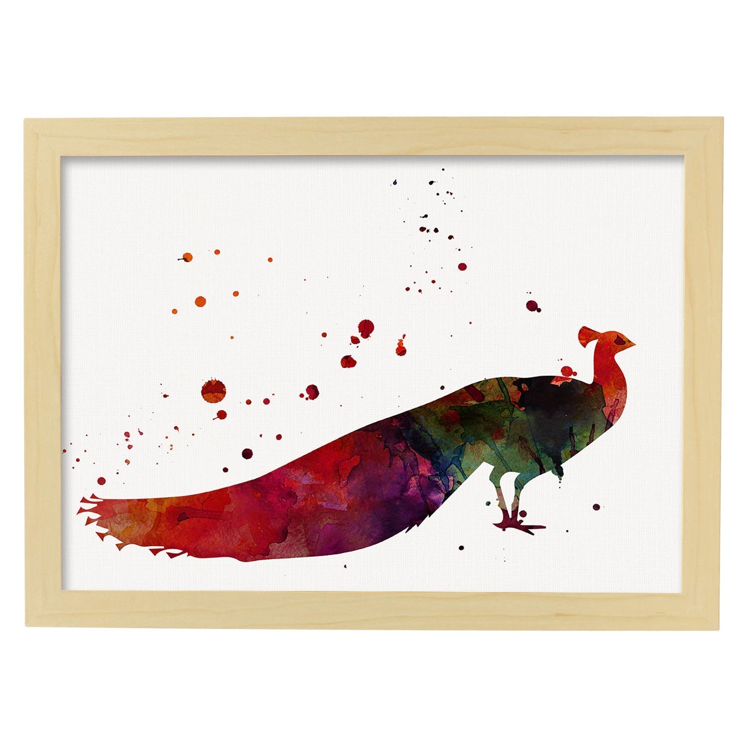 Poster de Pavo Real estilo acuarela. Láminas de animales con estilo acuarela-Artwork-Nacnic-A4-Marco Madera clara-Nacnic Estudio SL