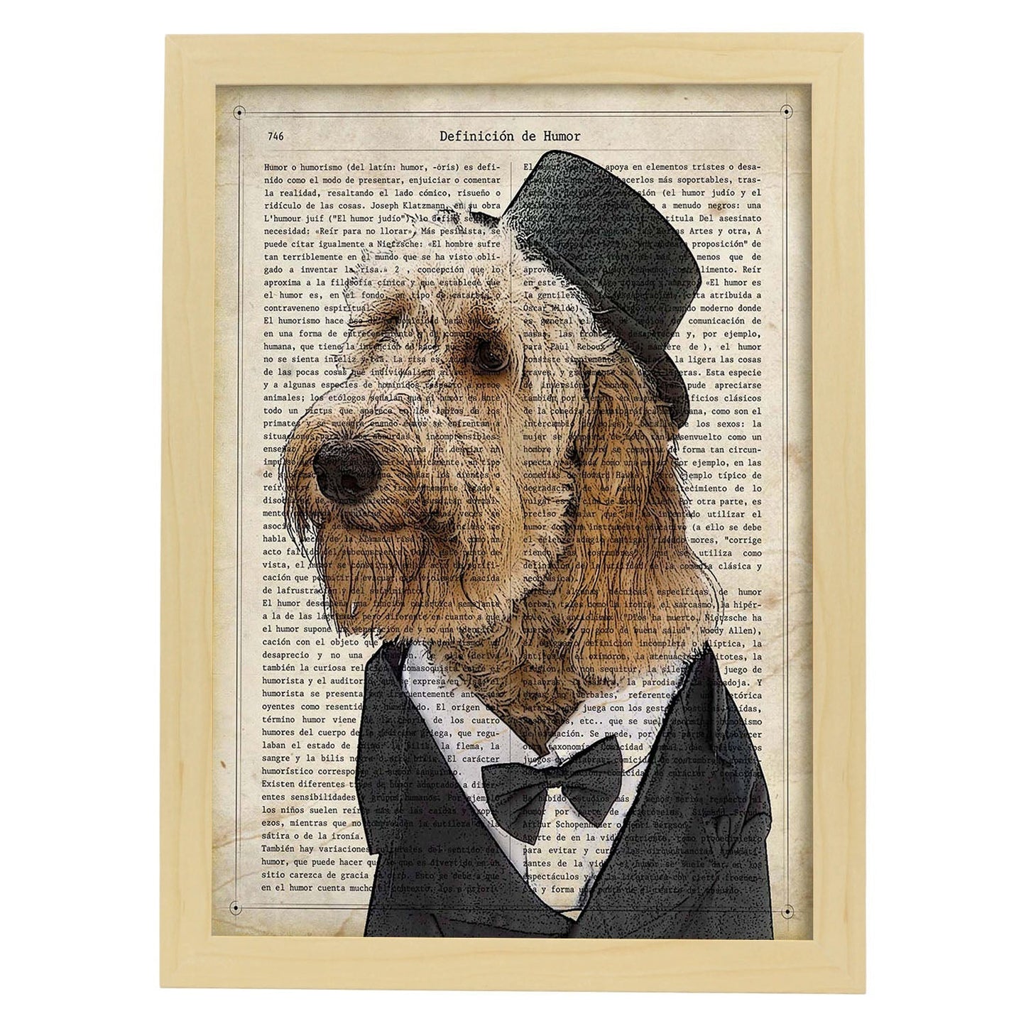 Poster de Perro con pajarita. Láminas de animales con definiciones. Ilustraciones de animales con textos.-Artwork-Nacnic-A3-Marco Madera clara-Nacnic Estudio SL