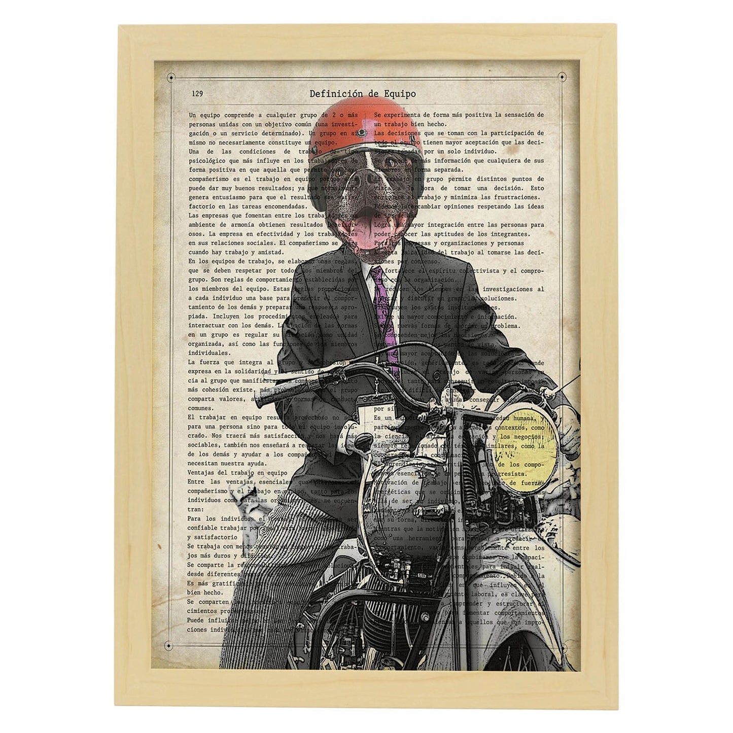 Poster de Perro en moto. Láminas de animales con definiciones. Ilustraciones de animales con textos.-Artwork-Nacnic-A3-Marco Madera clara-Nacnic Estudio SL